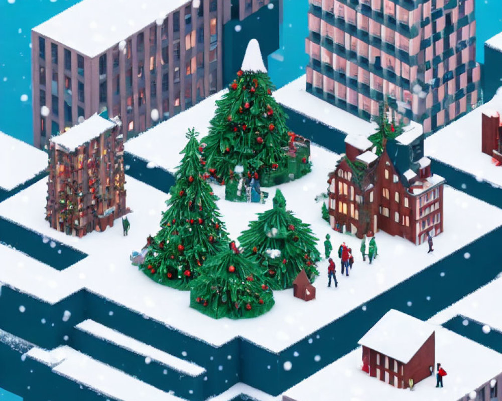 Snowy cityscape with Christmas trees and people in isometric view