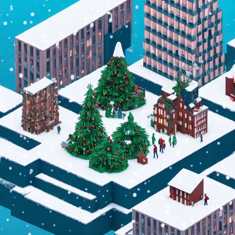 Snowy cityscape with Christmas trees and people in isometric view