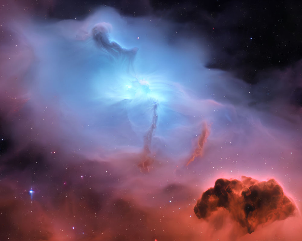 Colorful swirling nebula against starry backdrop: blue, pink, orange.
