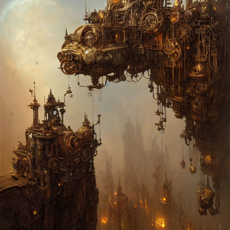 Intricate steampunk city with ornate buildings, gears, and glowing lights