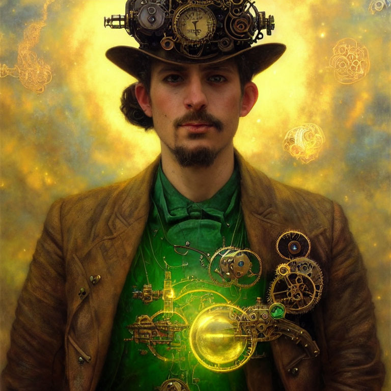 Steampunk-themed man with top hat and mechanical coat in front of golden cog backdrop