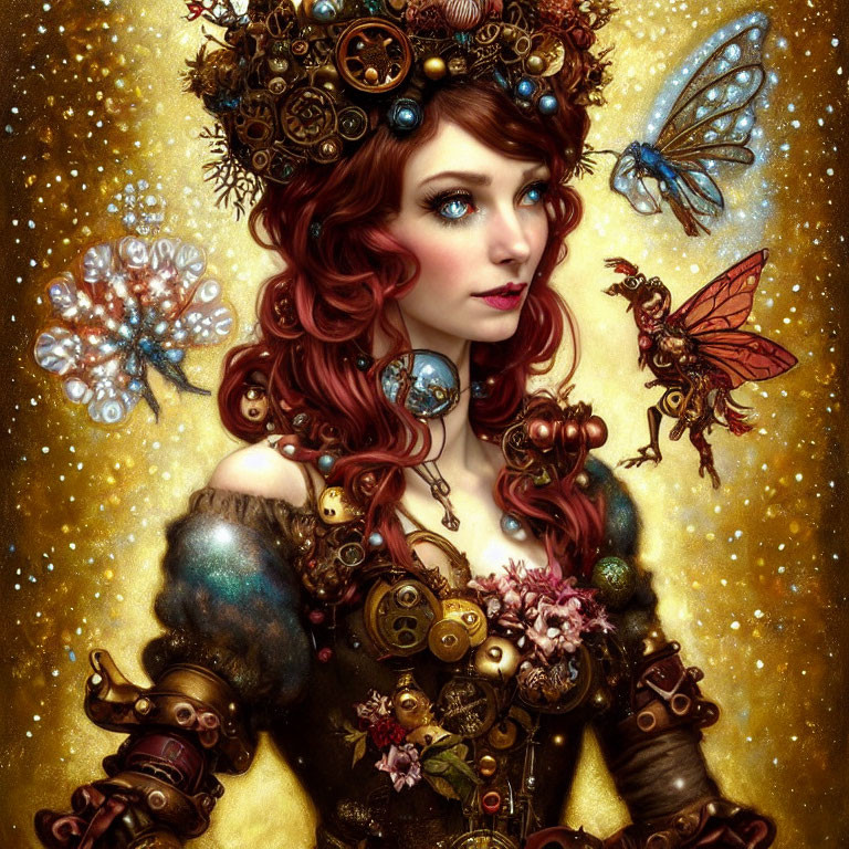 Steampunk-inspired female character with red curly hair and whimsical fairy-like creatures