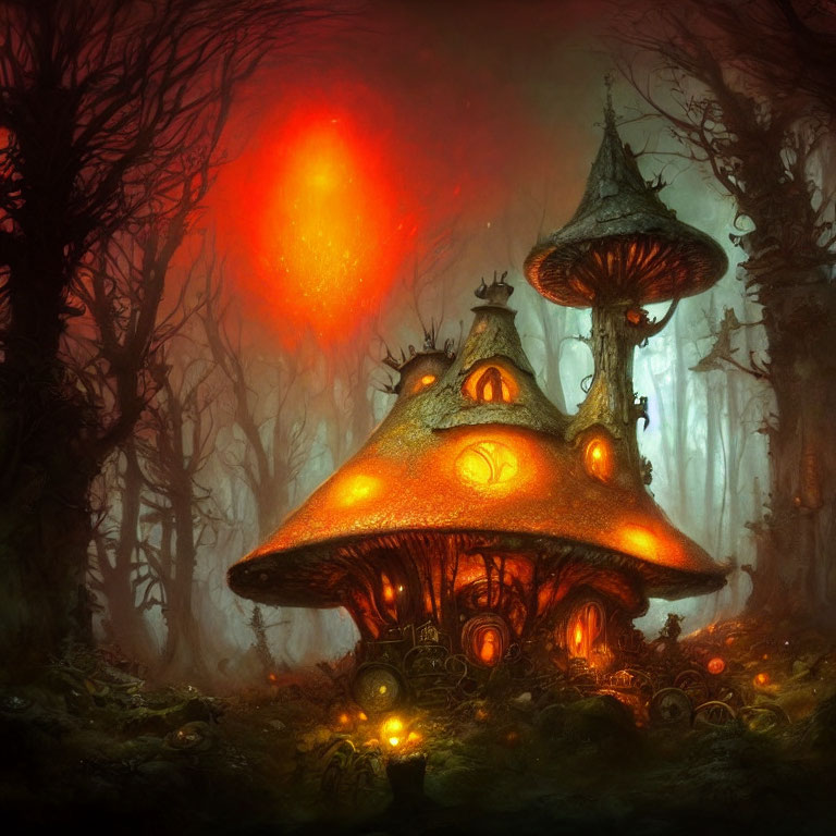 Mushroom-shaped house glowing in mystical forest with red moon