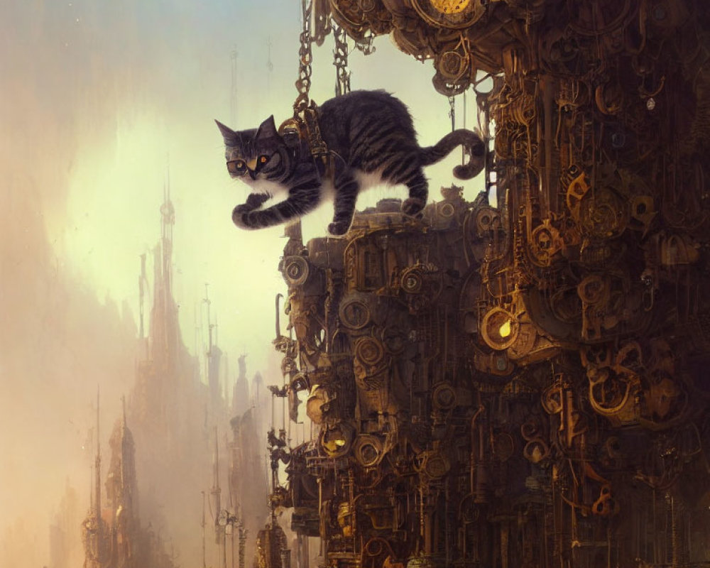 Cat perched on chain amid intricate machinery and distant spires.