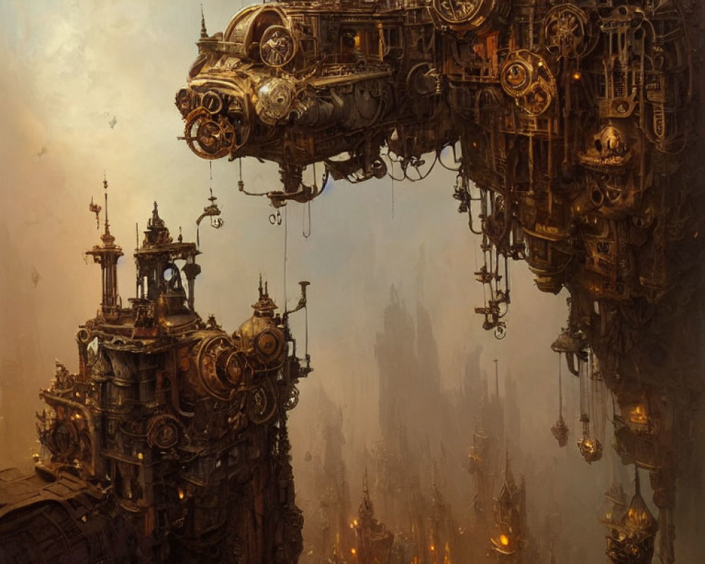 Intricate steampunk city with ornate buildings, gears, and glowing lights