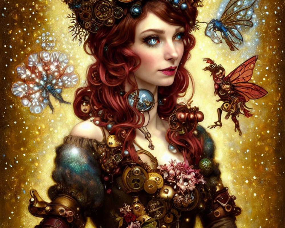 Steampunk-inspired female character with red curly hair and whimsical fairy-like creatures