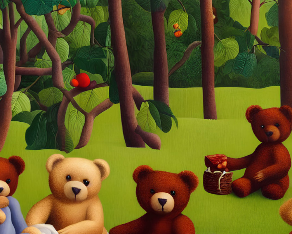 Three Teddy Bears Picnic in Lush Green Forest with Trees, Fruits, and Butterfly