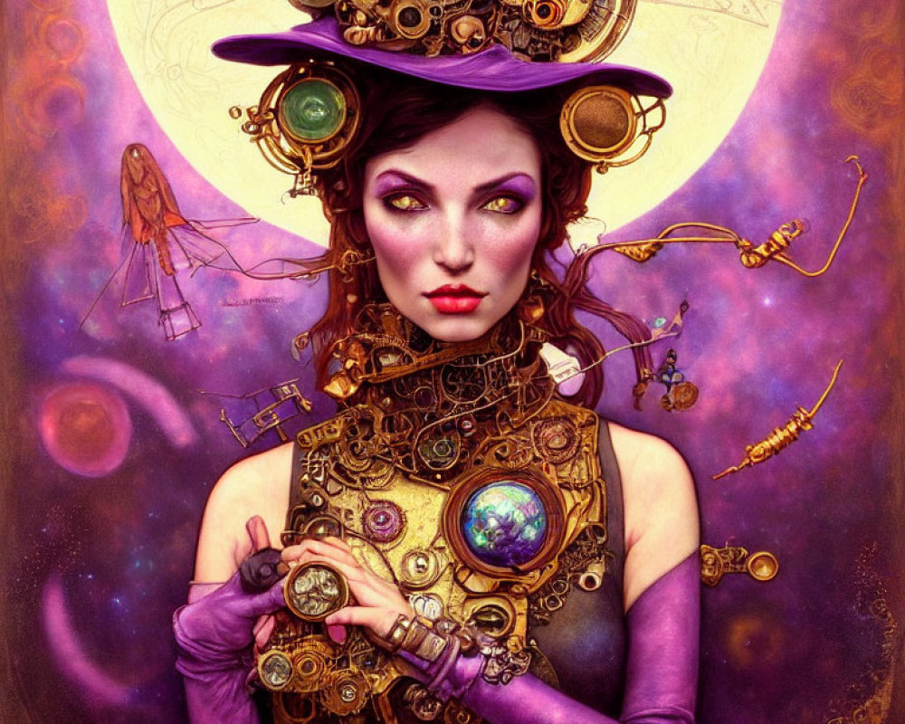 Woman in purple attire with mechanical hat and timepiece against cosmic backdrop