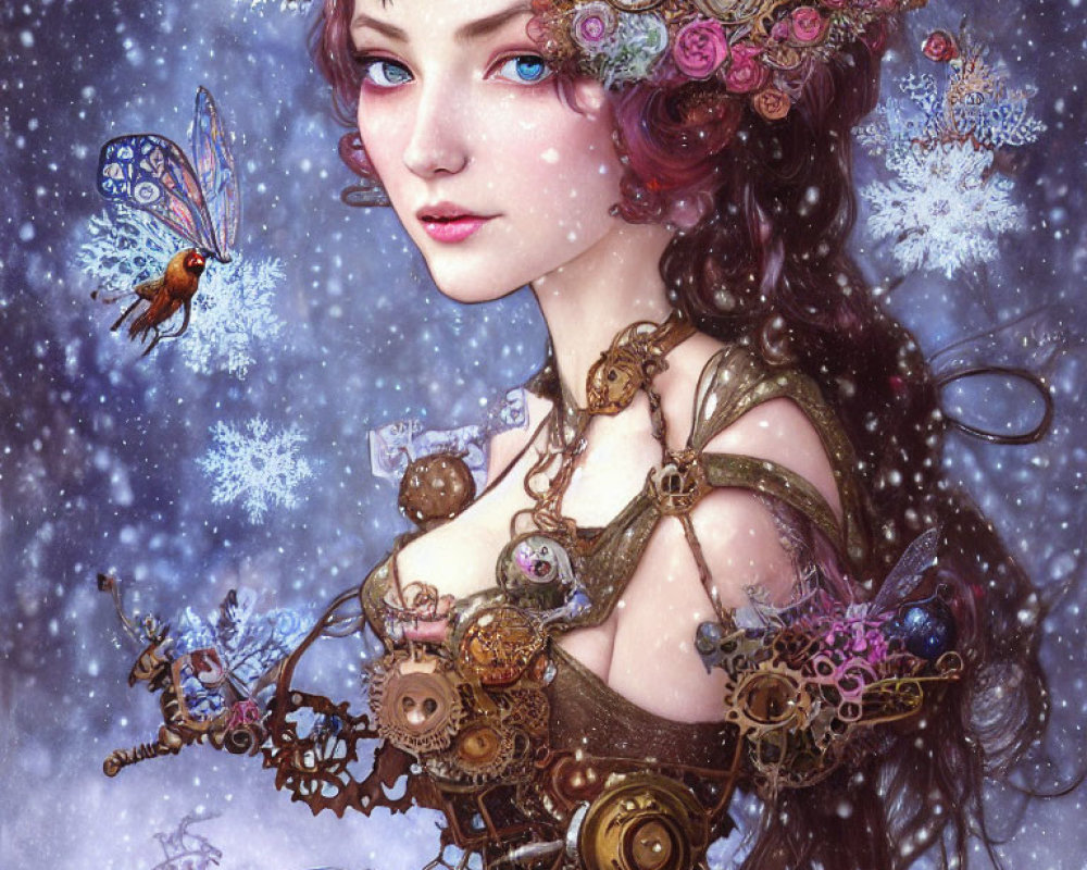 Steampunk-inspired female character with gear adornments and mechanized butterfly in snowy setting