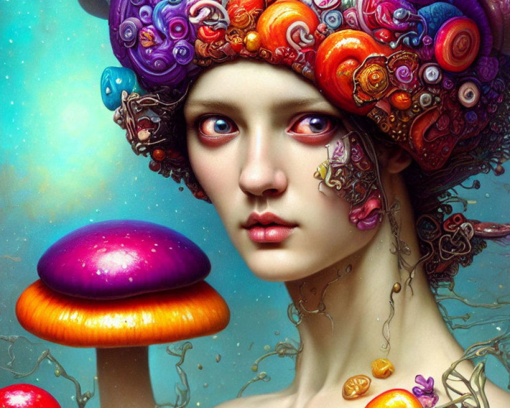 Whimsical portrait of a woman with mushroom-adorned hair and underwater theme