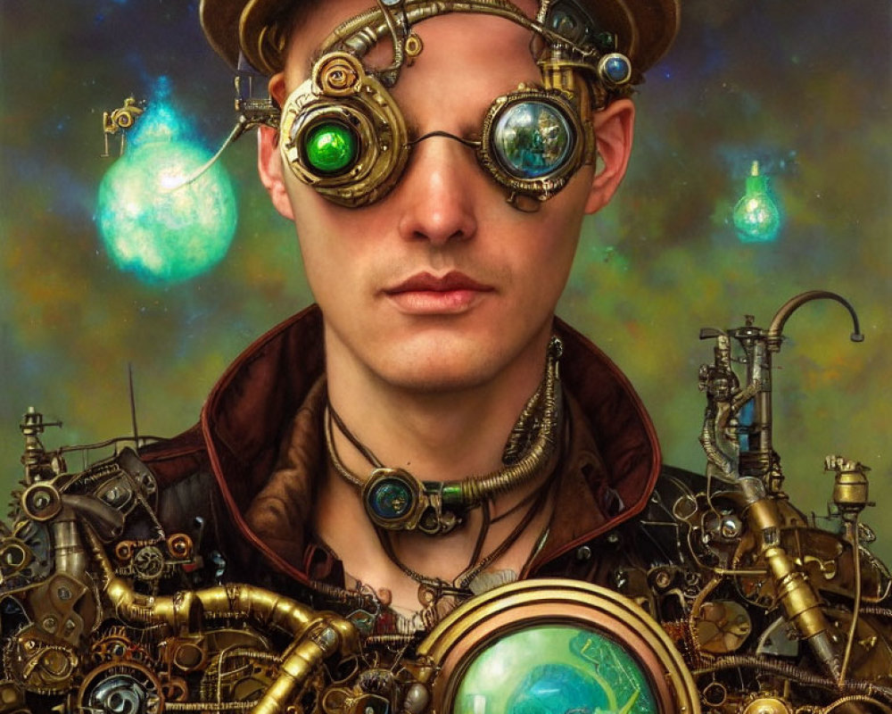 Steampunk attire with goggles and mechanical hat on person.