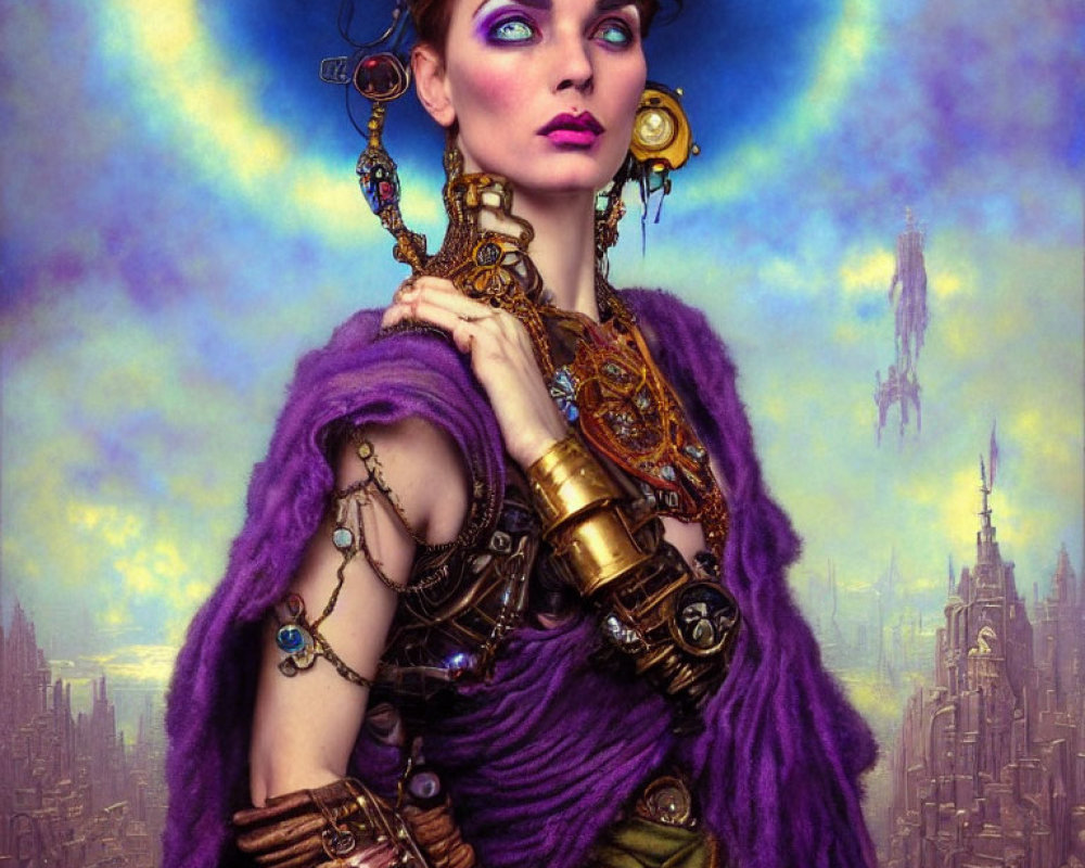 Steampunk woman with purple eyeshadow in front of fantasy cityscape