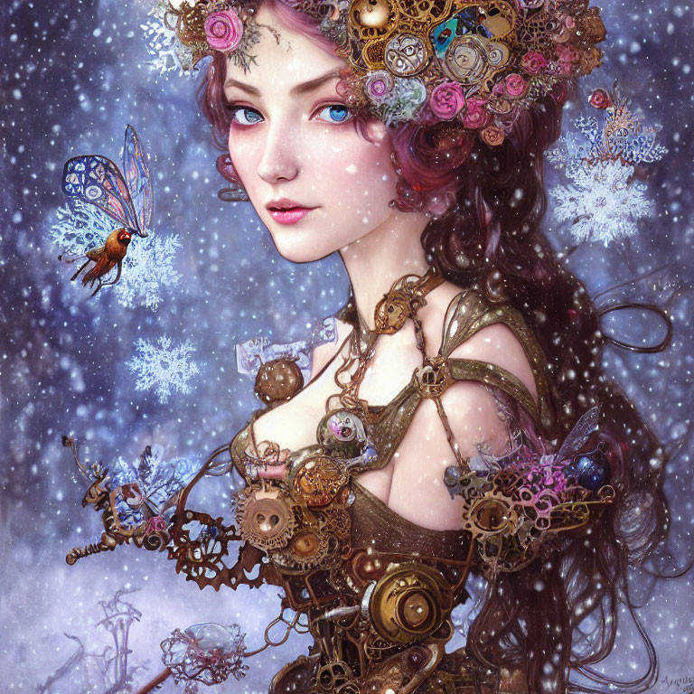 Steampunk-inspired female character with gear adornments and mechanized butterfly in snowy setting