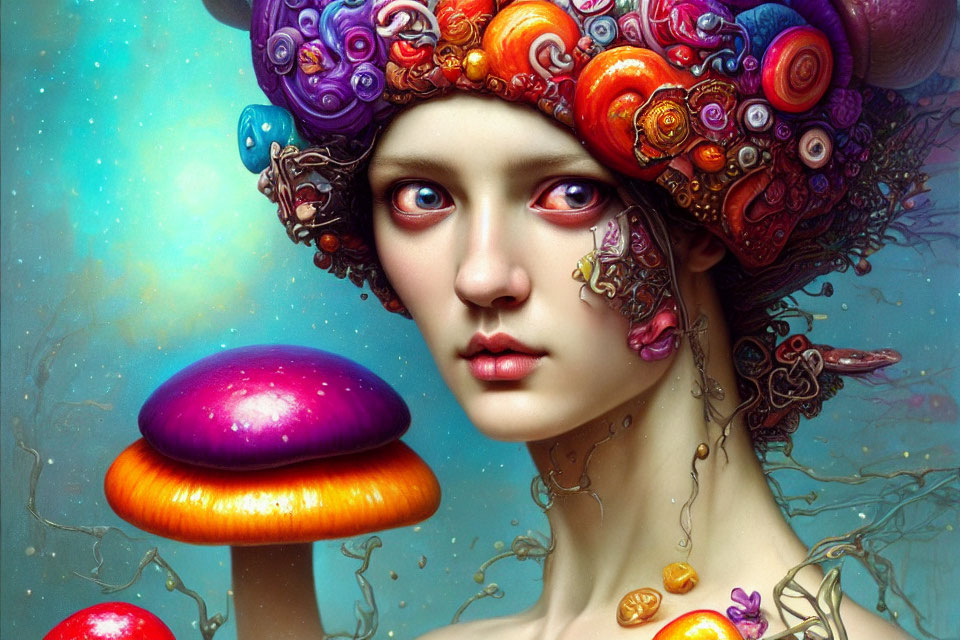 Whimsical portrait of a woman with mushroom-adorned hair and underwater theme