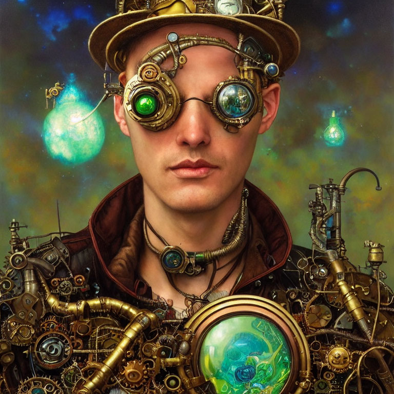 Steampunk attire with goggles and mechanical hat on person.