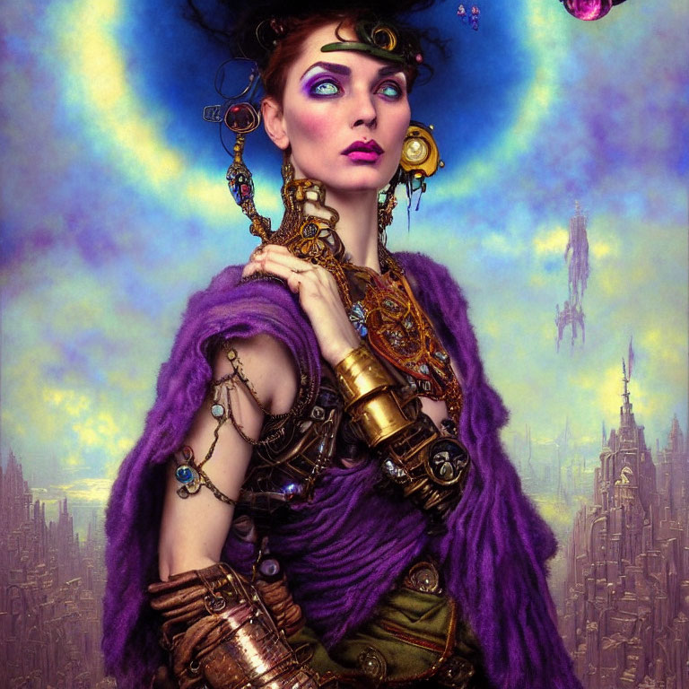 Steampunk woman with purple eyeshadow in front of fantasy cityscape