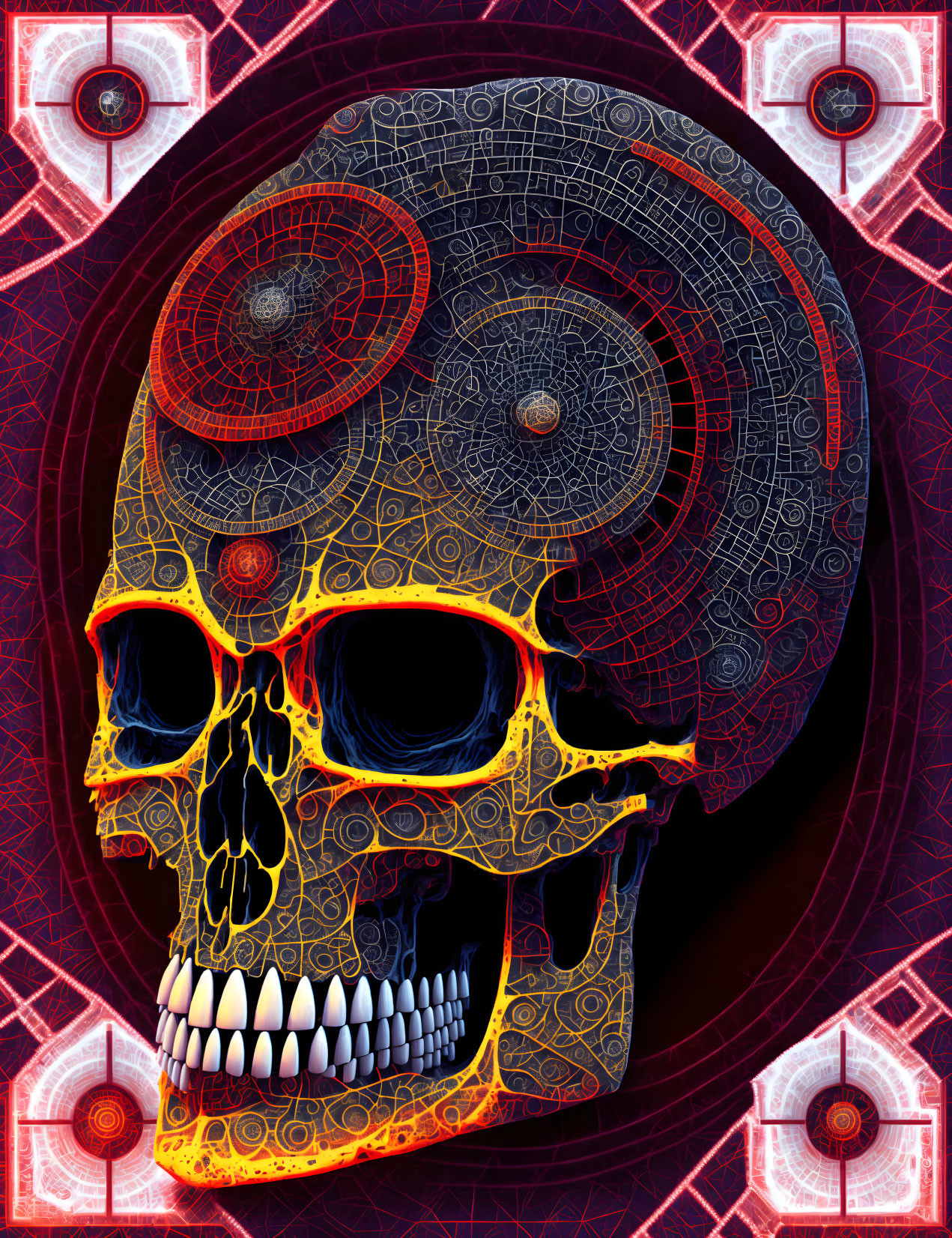 Colorful Human Skull Illustration with Geometric Patterns on Dark Background