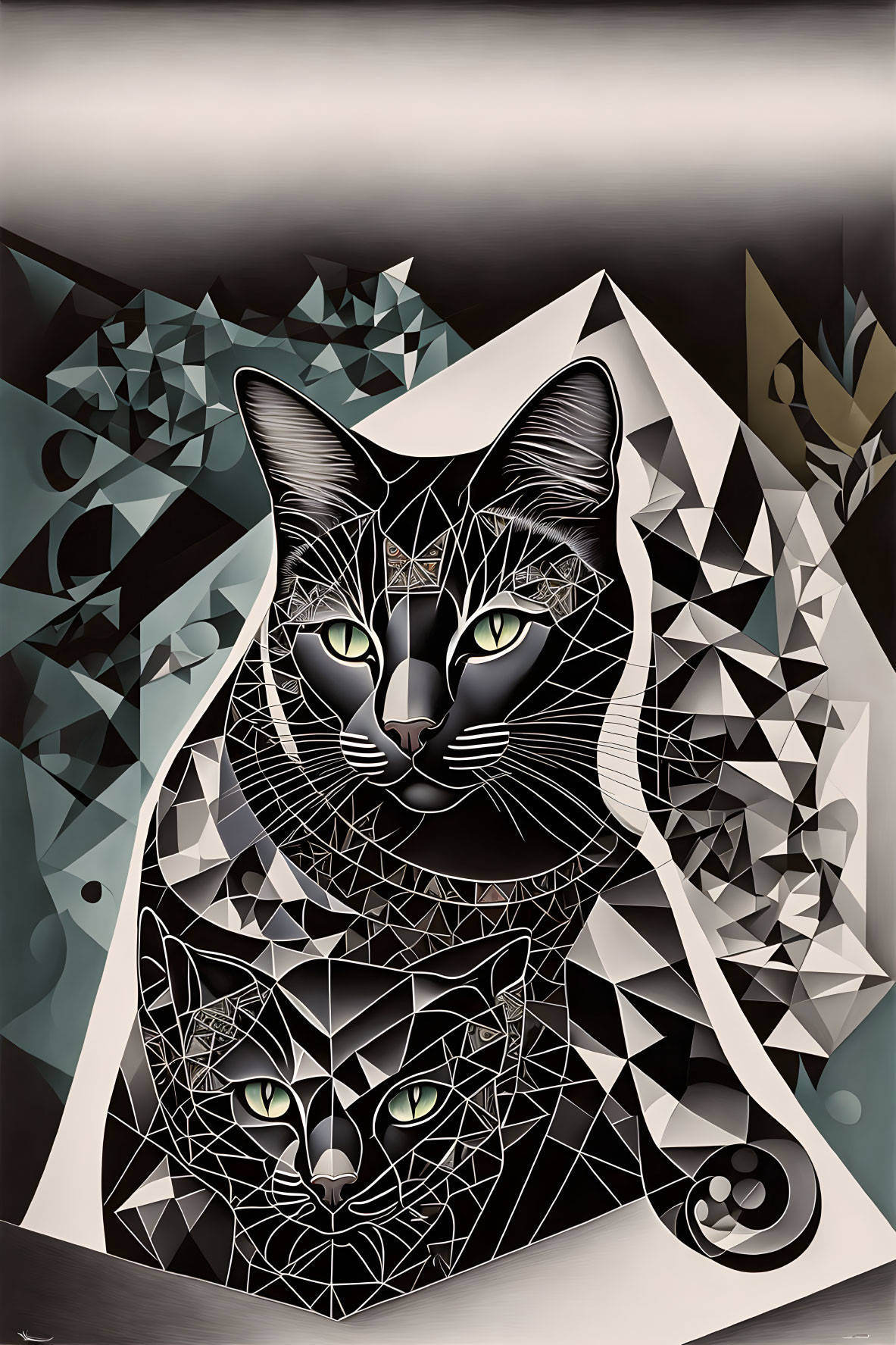 Geometric Art: Large Cat with Green Eyes and Smaller Cat on Earth-Toned Background