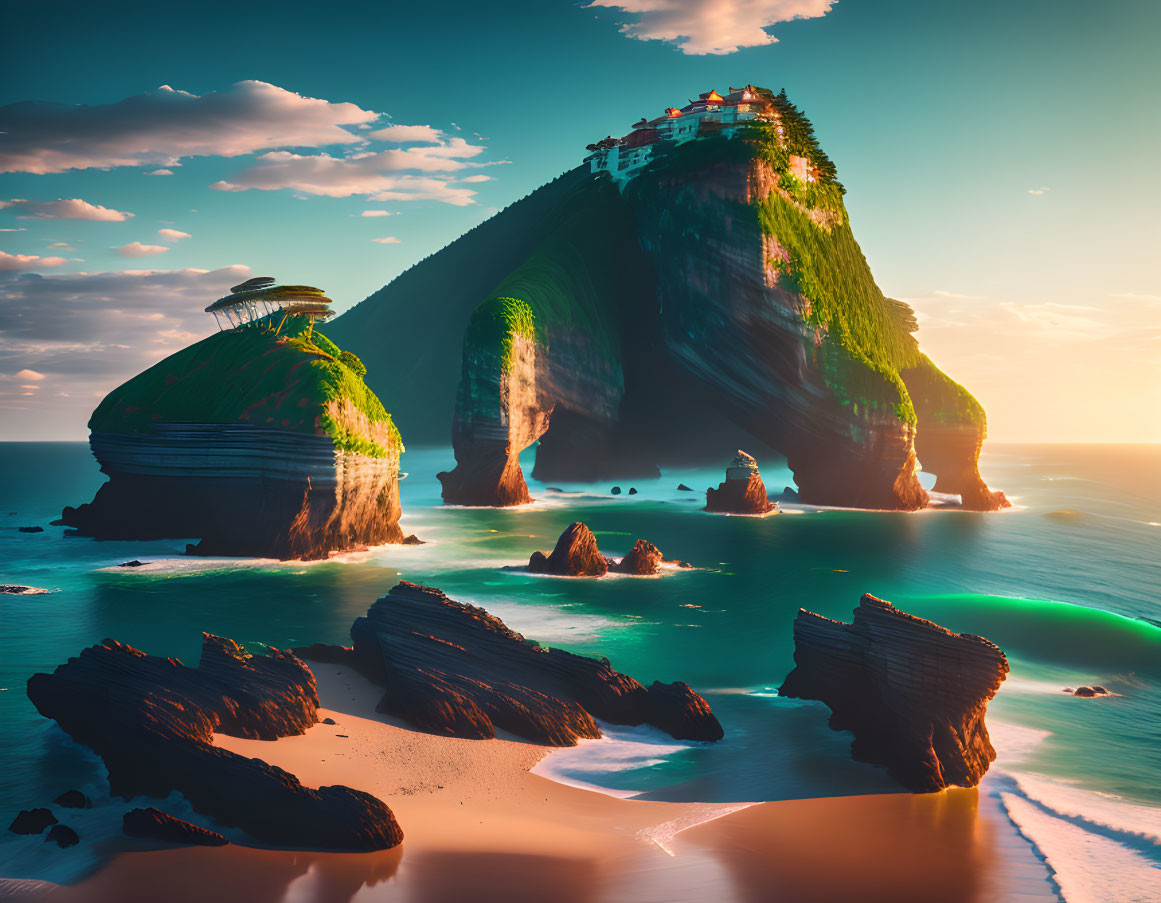 Majestic island with steep cliffs, lush green surface, buildings, vibrant sunset sky, turquoise waters