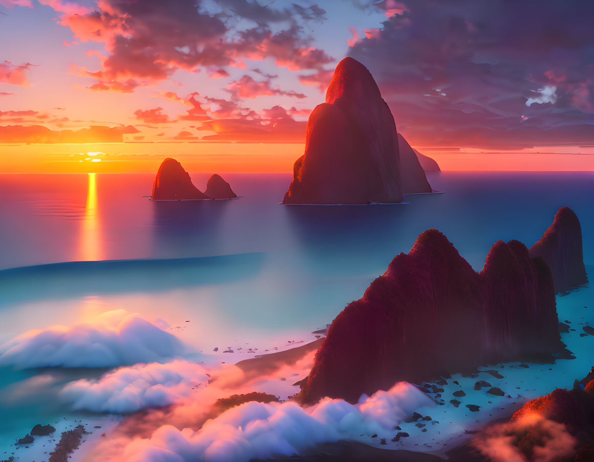 Colorful sunset over ocean with rays on rock formations