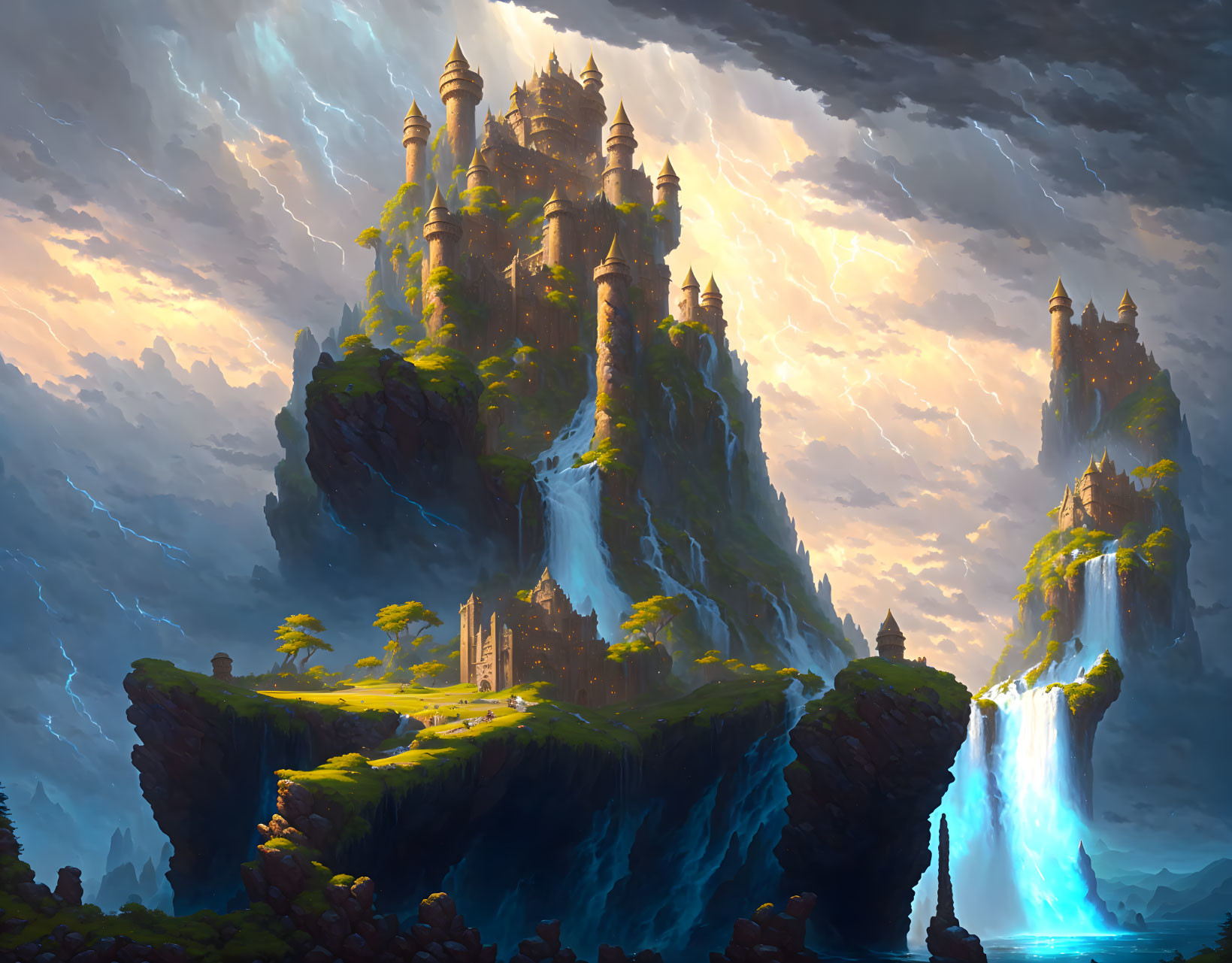 Majestic fantasy castle on cliff with waterfalls and glowing lights under dramatic sky