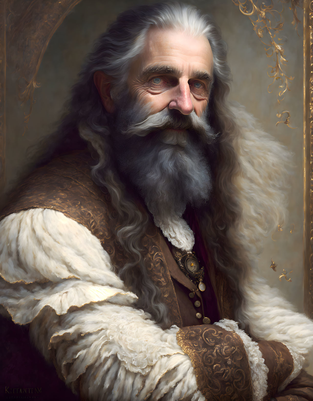 Elderly man with white beard in fur-trimmed robe and gold medallion