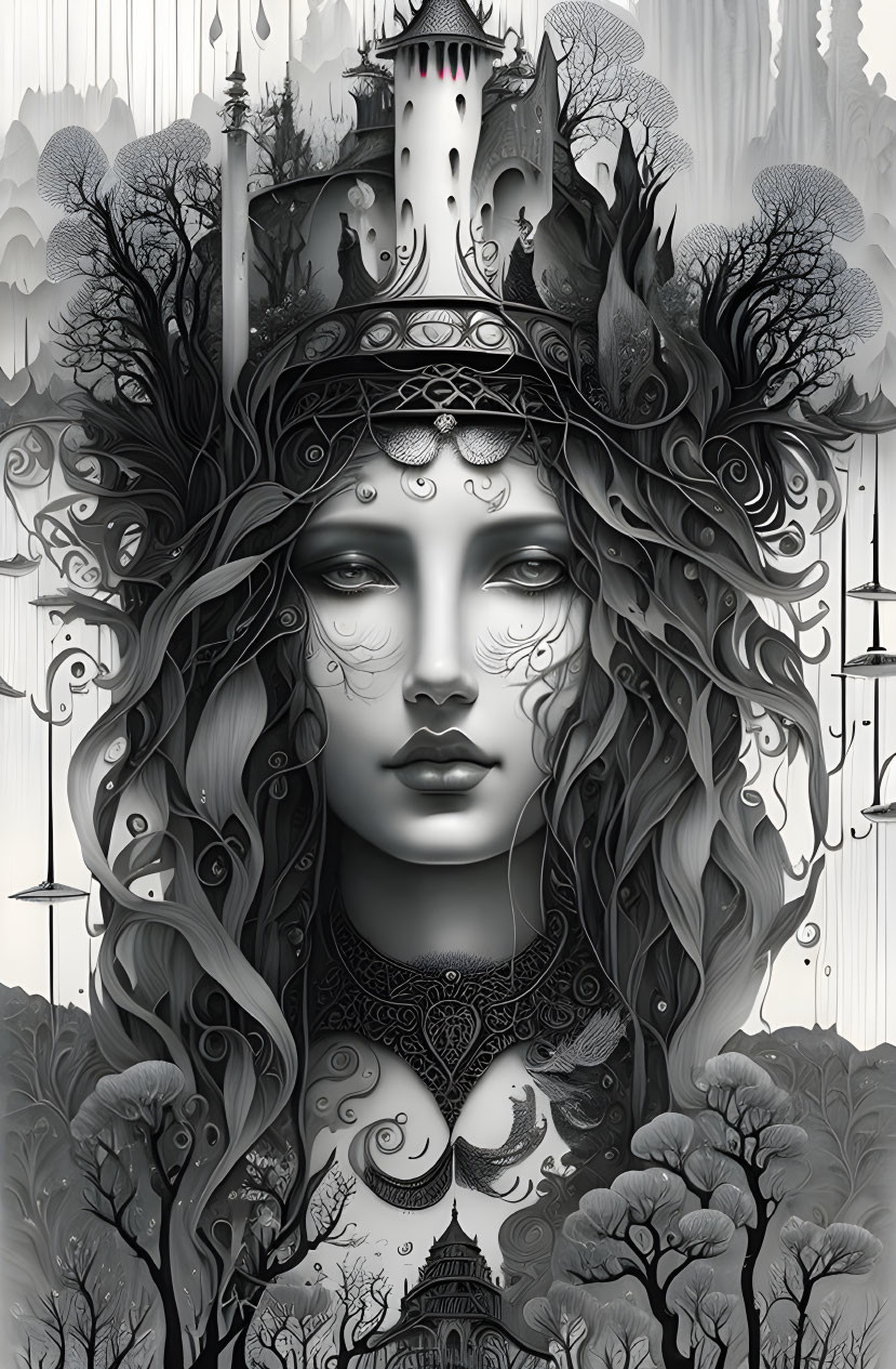 Monochromatic artwork of serene woman in forest and castle setting