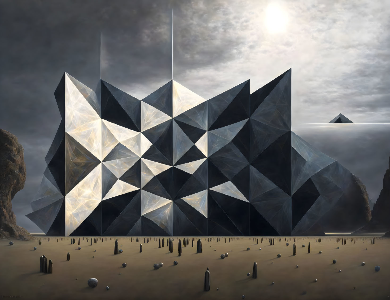 Polygonal Structure in Surreal Landscape with Hazy Sun