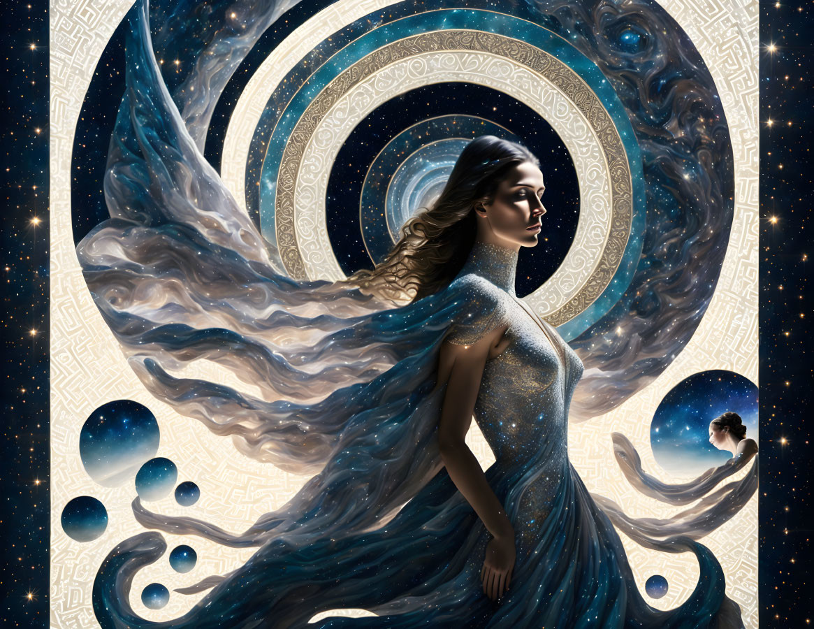 Woman in Sparkling Blue Dress with Cosmic Backdrop and Celestial Swirls