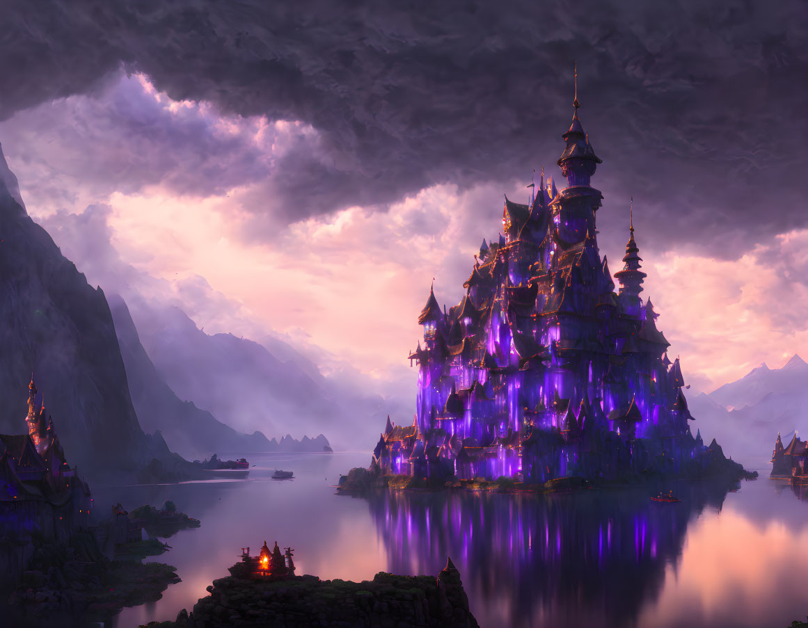 Ethereal purple-lit fantasy castle on lake with mountains under twilight sky