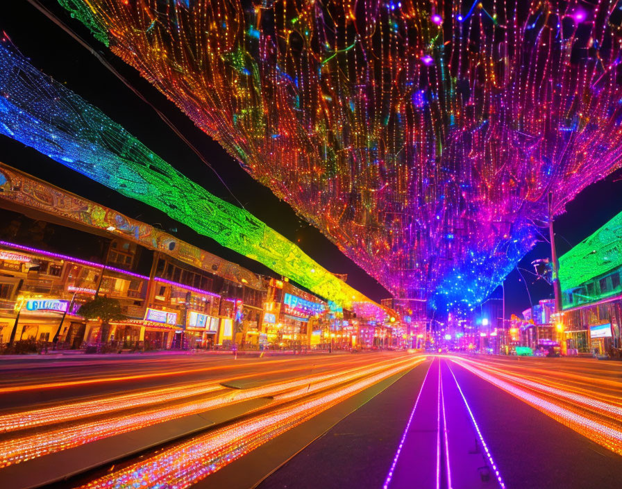 Colorful Night Street Scene with Overhead Lights and Traffic Streaks