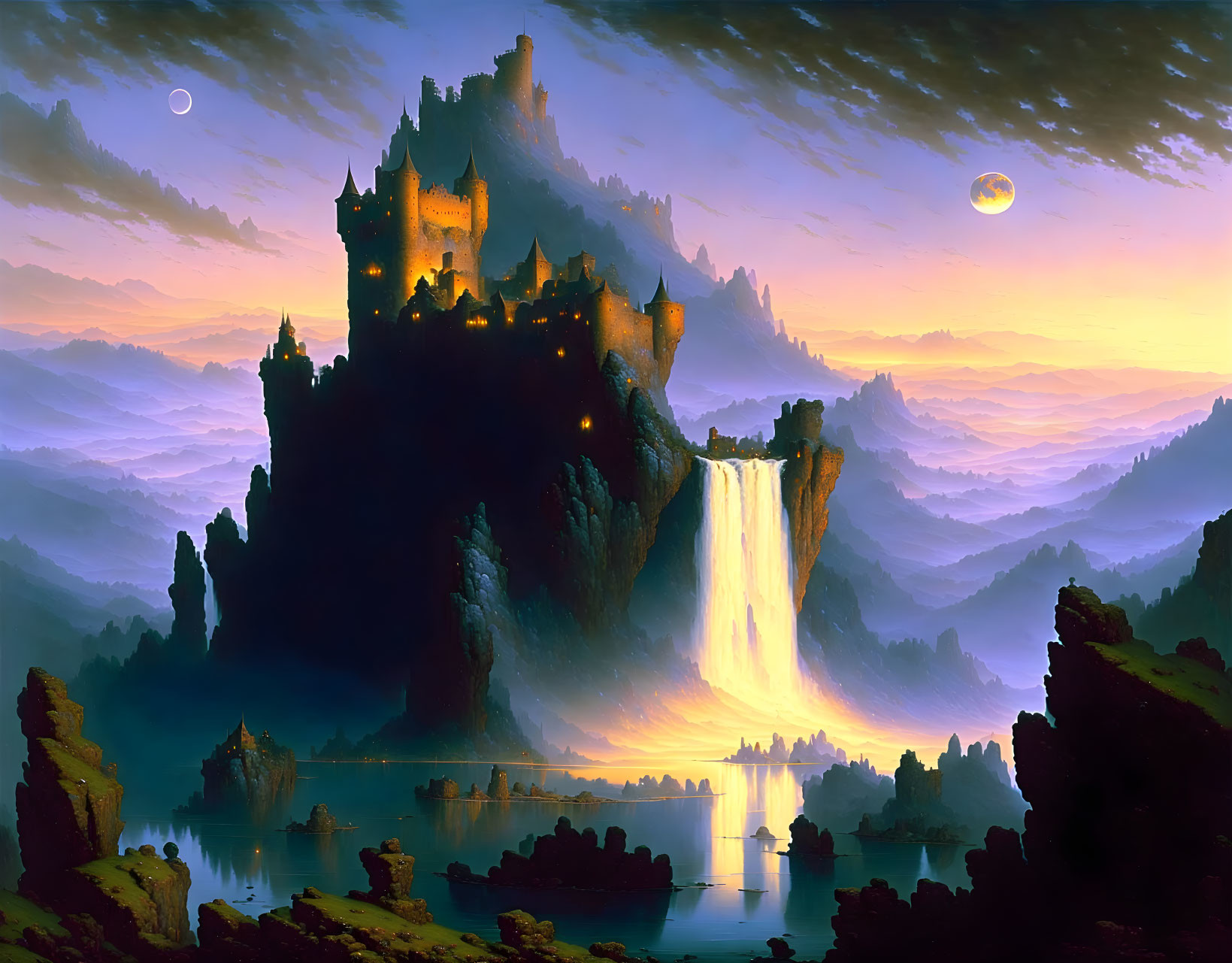 Castle on Cliff with Waterfall, Foggy Mountains, Twilight Sky, Two Moons