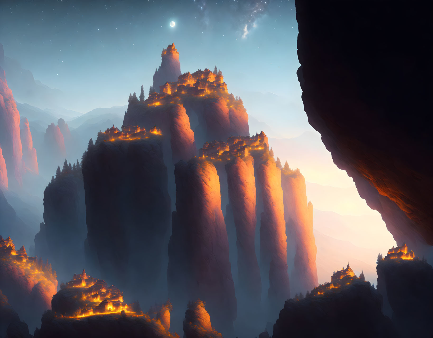 Mystical landscape with towering rock pillars and glowing castles at sunset