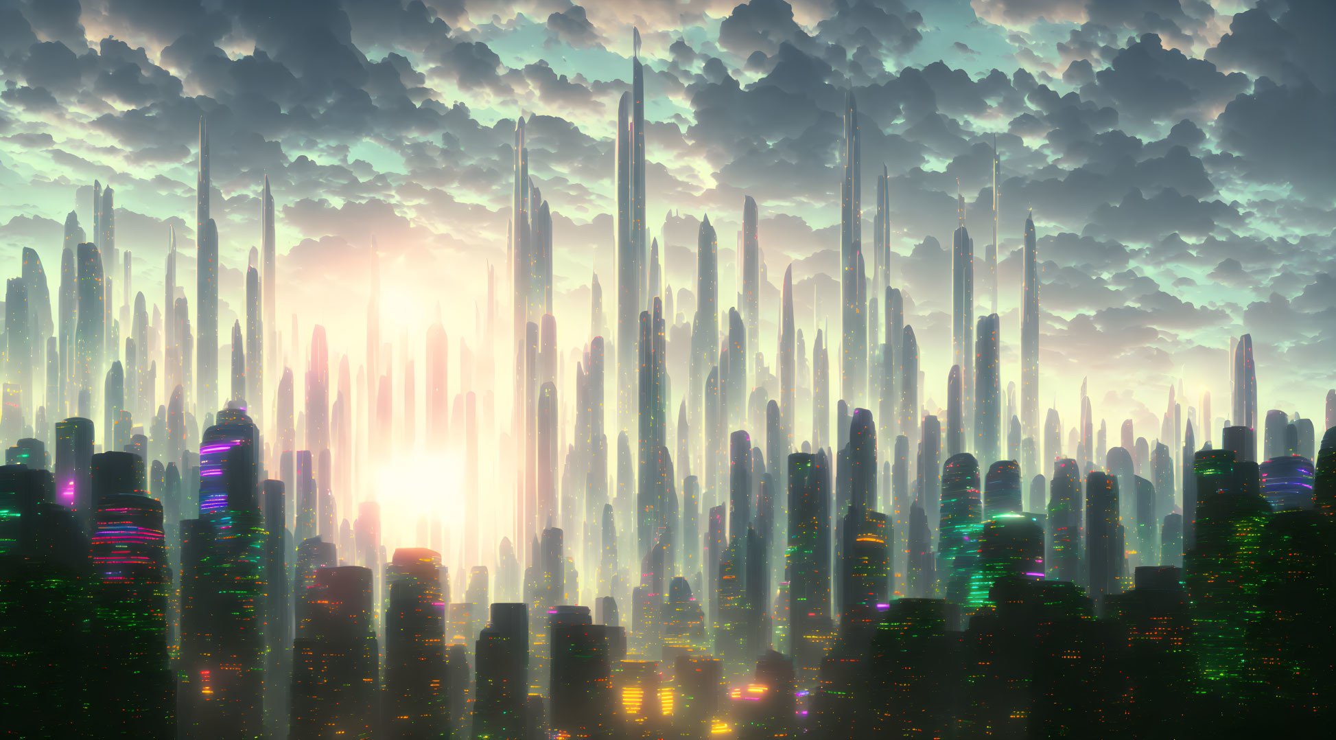 Futuristic cityscape with towering skyscrapers at sunrise