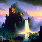 Castle on Cliff with Waterfall, Foggy Mountains, Twilight Sky, Two Moons