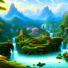 Majestic fantasy landscape with green trees, spiral foliage, lake, and mountains