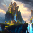 Majestic fantasy castle on cliff with waterfalls and glowing lights under dramatic sky