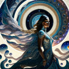 Woman in Sparkling Blue Dress with Cosmic Backdrop and Celestial Swirls