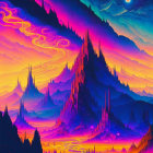 Fantasy landscape digital artwork: neon mountains under starry sky