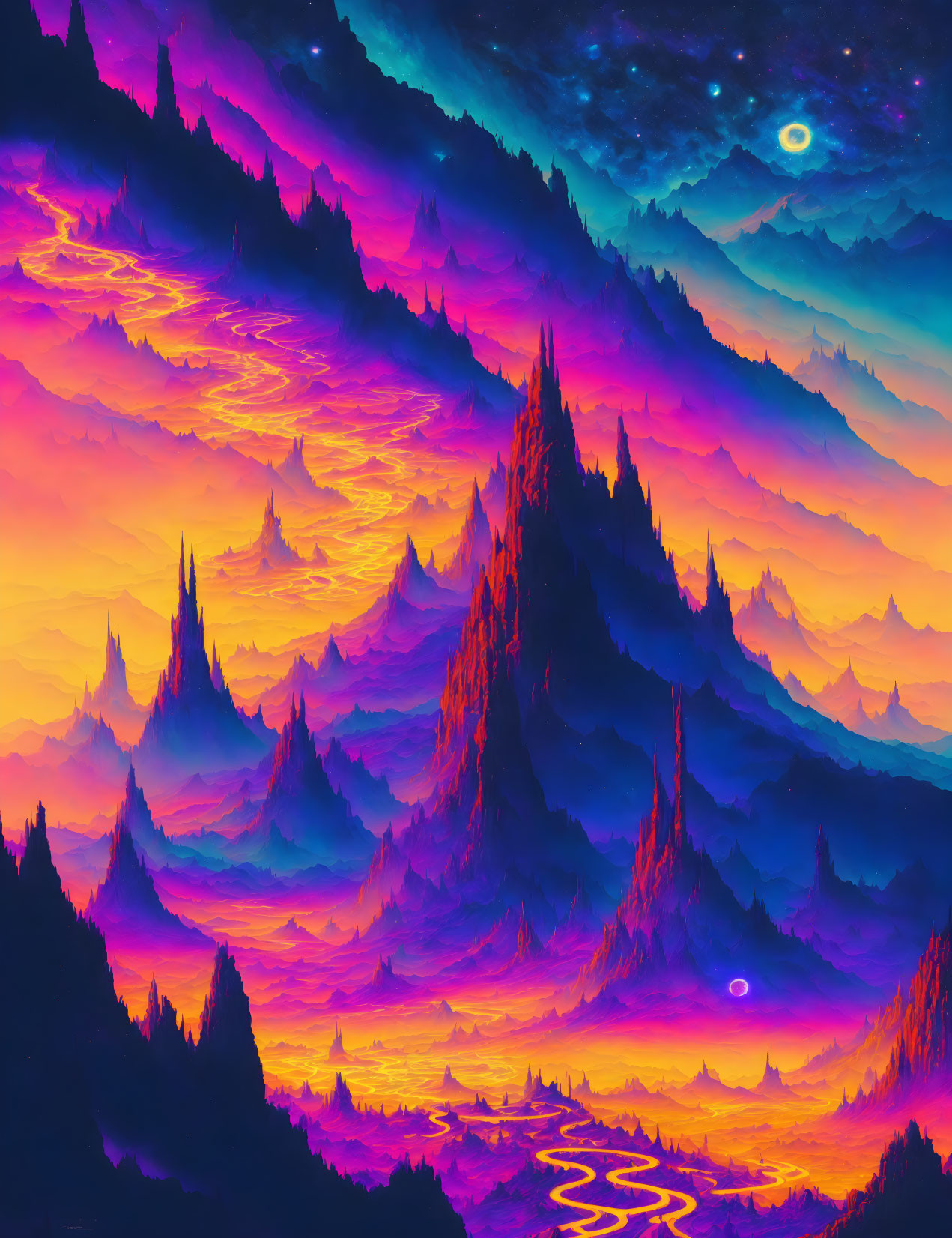 Fantasy landscape digital artwork: neon mountains under starry sky