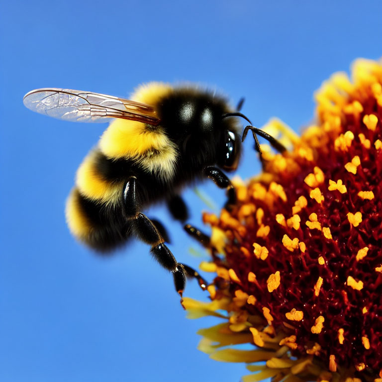 Bumblebee perched on vibrant yellow flower against blue sky