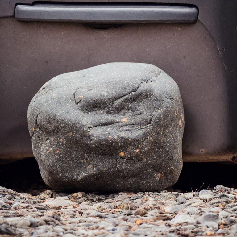 Vehicle bumper stuck on large rock in gravel.