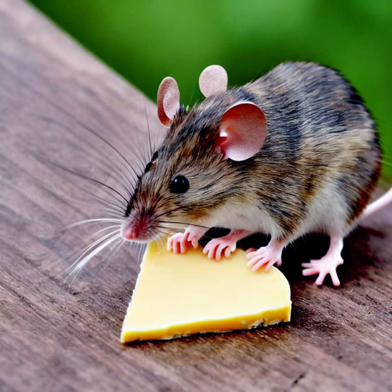 Brown and White Mouse Eating Cheese on Wooden Surface