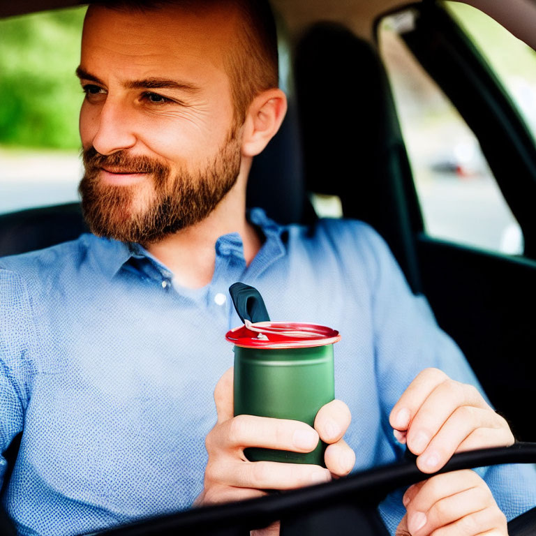 Bearded man in blue shirt smiles with red travel mug in car