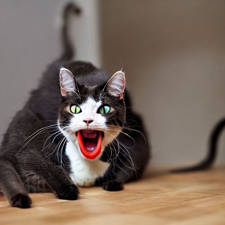 Grey and White Cat with Green Eyes Sitting on Wooden Floor