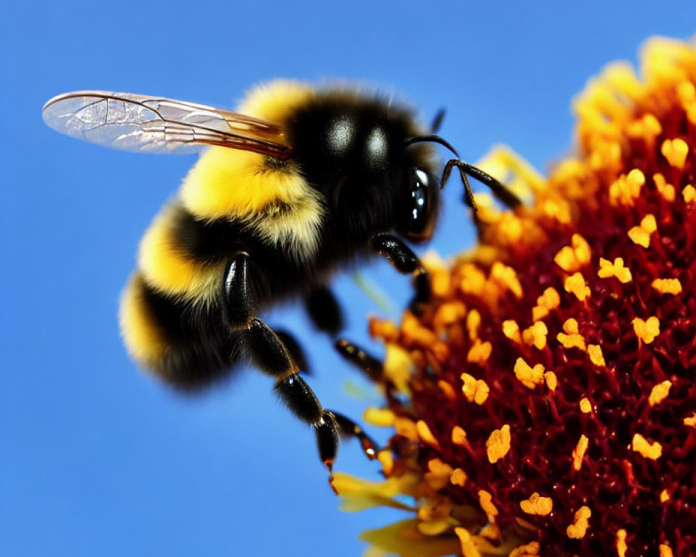 Bumblebee perched on vibrant yellow flower against blue sky