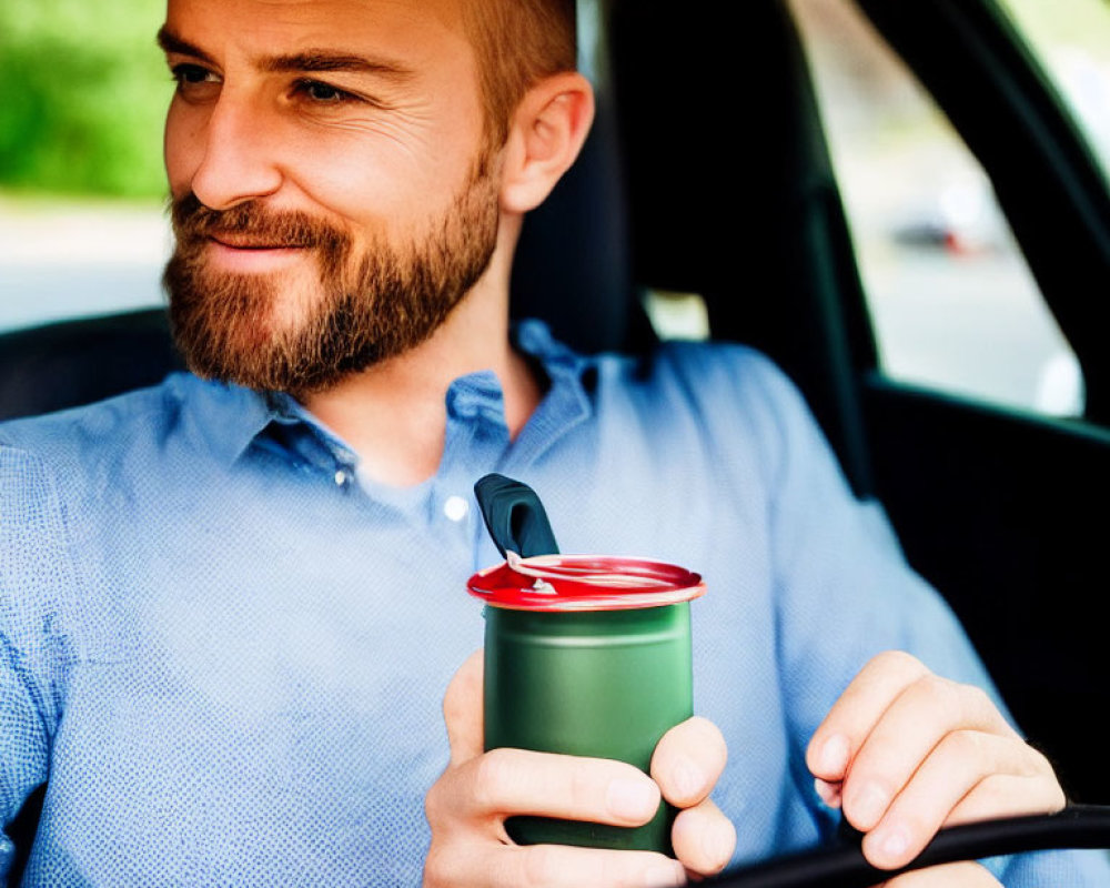 Bearded man in blue shirt smiles with red travel mug in car