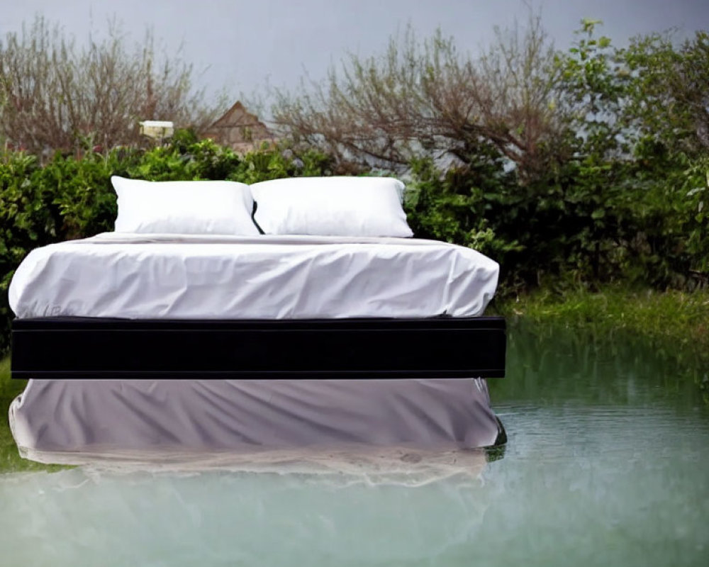 White-sheeted bed floating on tranquil water with lush greenery and overcast sky