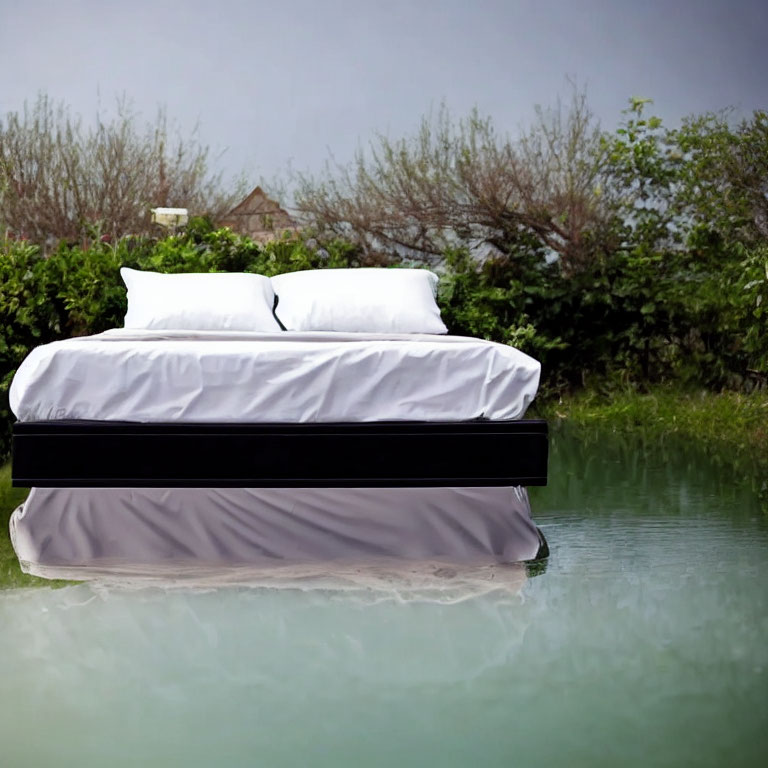 White-sheeted bed floating on tranquil water with lush greenery and overcast sky