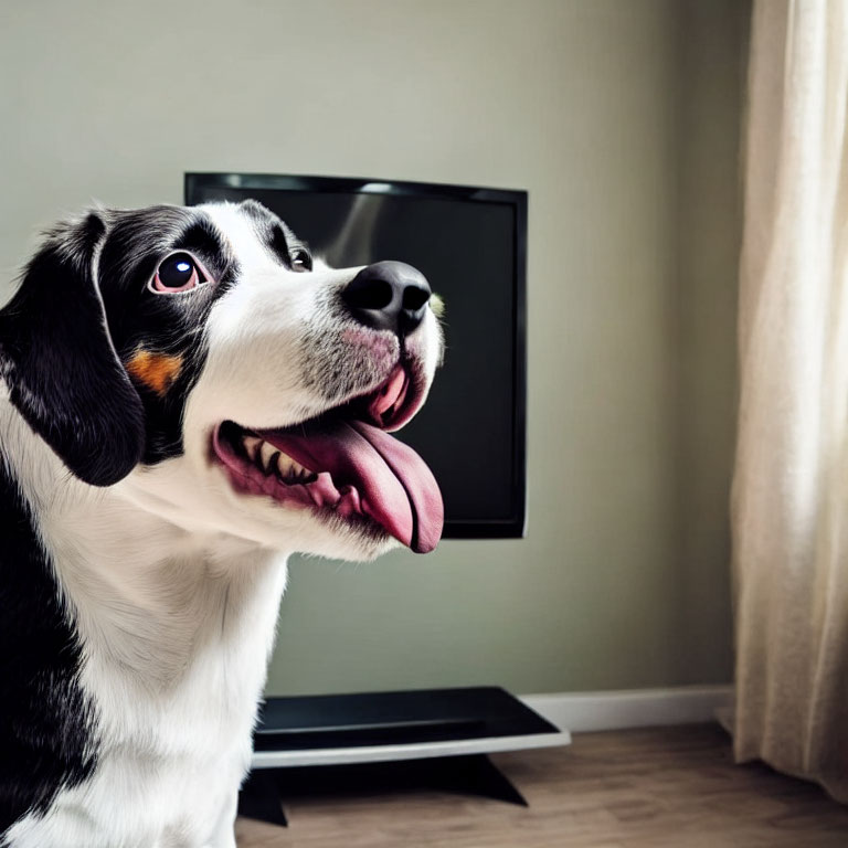 Black and white dog with long tongue in room with TV and curtain